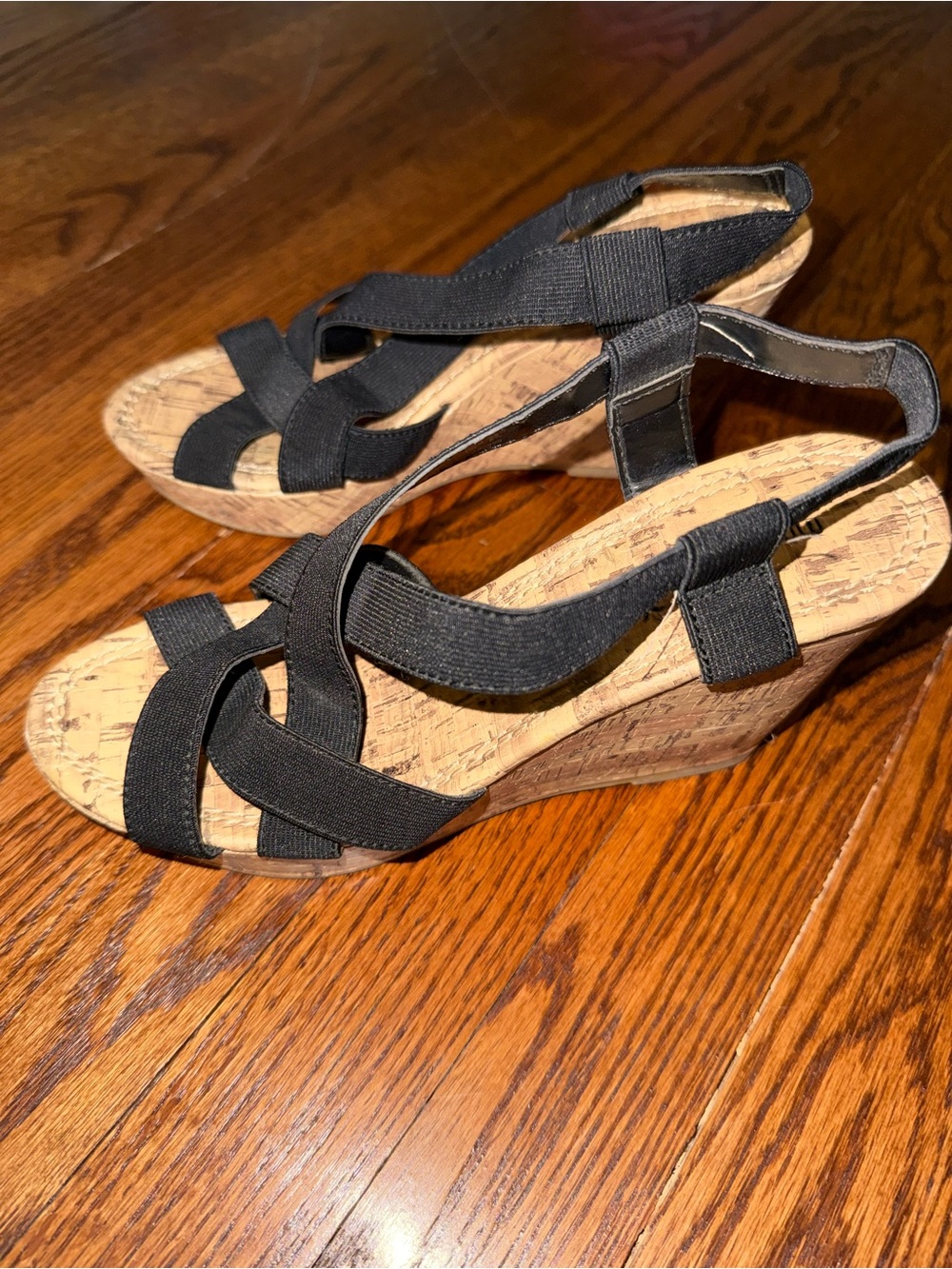 Montego Bay Club Black Elastic Strap Cork-Style Wedge Sandals